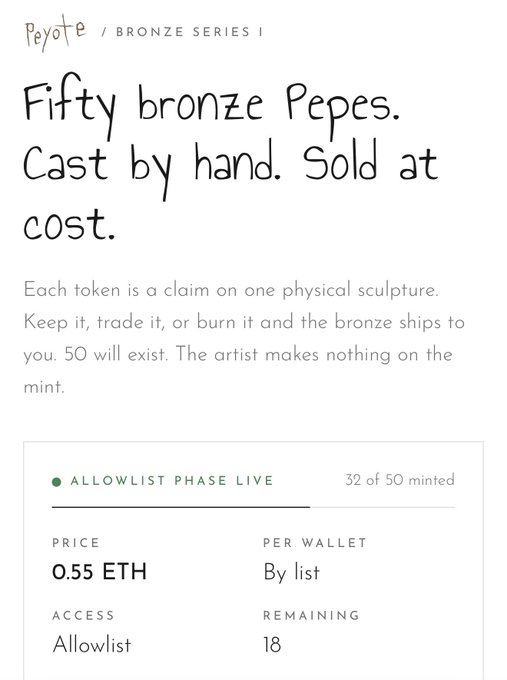A webpage for Peyote's 'Bronze Series I' featuring handwritten-style text 'Fifty bronze Pepes. Cast by hand. Sold at cost.' with a price of 0.55 ETH during the allowlist phase.