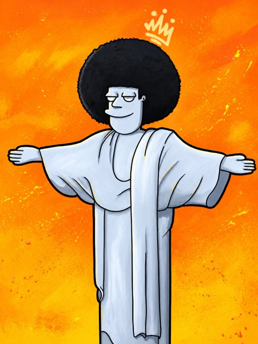 An illustrated character with a large afro wearing a white robe, depicted with a crown floating above their head against an orange background.