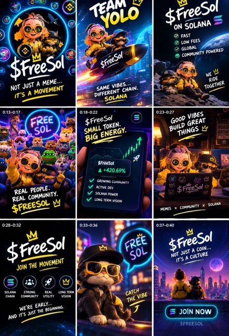 A 3x3 grid of promotional slides for the '$FreeSol' meme coin on the Solana blockchain, featuring a frog character with sunglasses and text like 'TEAM YOLO', 'SAME VIBES, DIFFERENT CHAIN', 'NOT JUST A MEME... IT'S A MOVEMENT', and 'JOIN NOW'.