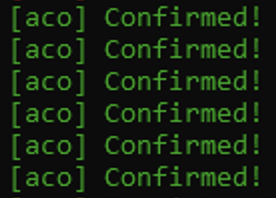 A terminal-style screenshot displays six identical lines reading "[aco] Confirmed!" in green text, representing successful mint confirmation logs from the ACO (automated claiming tool) for the Chog Genesis FCFS airdrop referenced in the post, visually verifying that over 20 Chog NFTs were successfully minted for the eligible members.