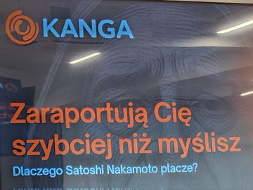 The image shows a sign with an orange background, white text, and a picture of a man's face. The sign has the words "KANGA" written in blue letters at the top, followed by "ZARAPORTA CIE" below that, and then "Szybkiewicz niz mysliszcz" below that. The image also contains a question about why the man is crying.