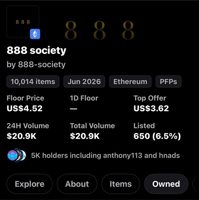 An OpenSea listing page for the "888 society" NFT collection shows 10,014 items on Ethereum with a floor price of US$4.52, 5K holders, and only $20.9K in total volume, suggesting limited trading activity. The image supports the question about what is driving 888 society's stable floor price despite its low volume and modest 6.5% listed supply.
