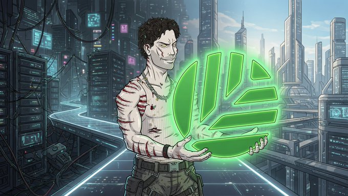 A cartoon-style illustration shows a smirking, scarred man holding a glowing green geometric logo in front of a cyberpunk cityscape.