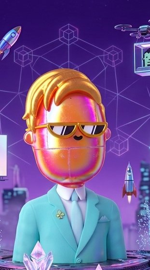 A stylized 3D illustration of a character with a metallic iridescent head wearing sunglasses and a teal suit, surrounded by a purple background featuring geometric shapes, a rocket, and a drone.