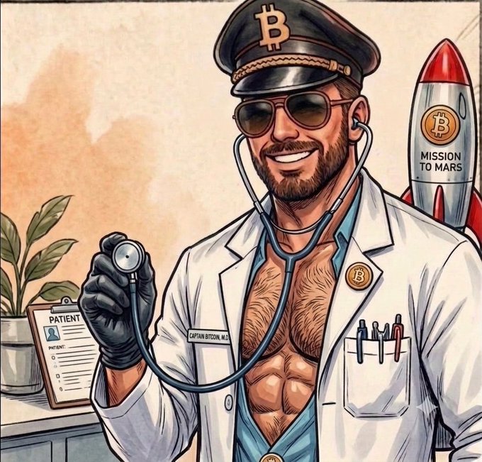 An illustration of 'Captain Bitcoin, M.D.' wearing a captain's hat and doctor's coat with Bitcoin logos, holding a stethoscope, next to a rocket labeled 'MISSION TO MARS'.