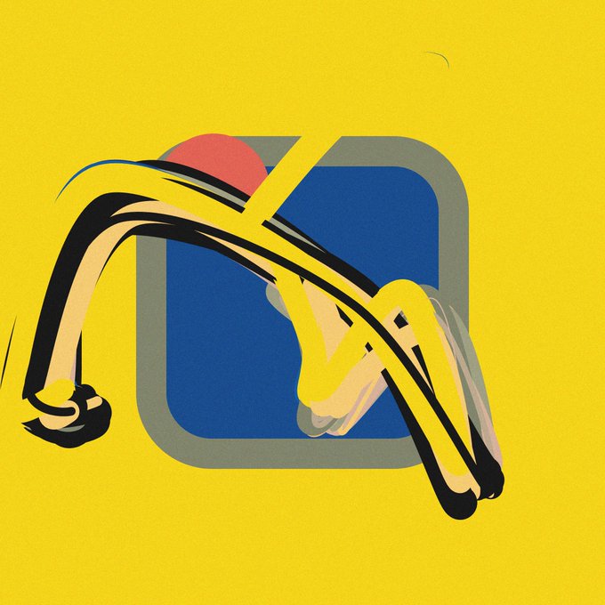An abstract artwork featuring a bold blue rounded square on a bright yellow background, overlaid with dynamic black, yellow, and pink brushstroke-like shapes.