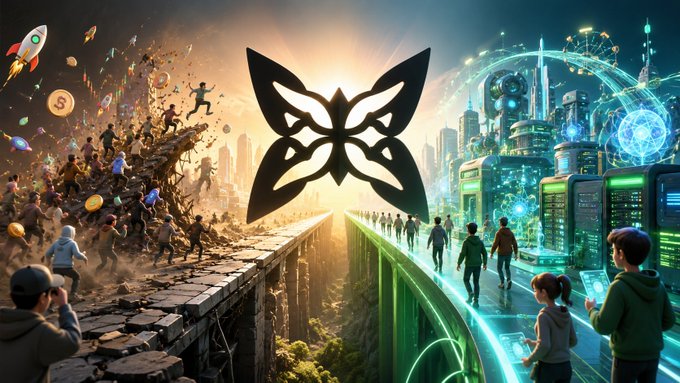 A digital artwork divided into two contrasting scenes: a chaotic apocalyptic landscape with rockets and figures on the left, and a futuristic neon cityscape with people walking on the right, with a black butterfly logo in the center.