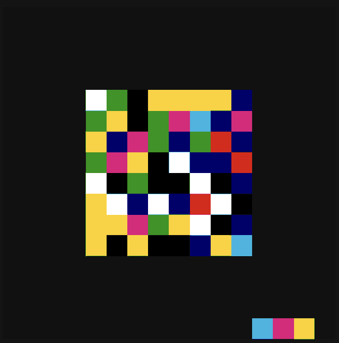 A colorful pixel art image composed of yellow, blue, pink, red, white, and green squares forming a mosaic-like pattern on a black background.