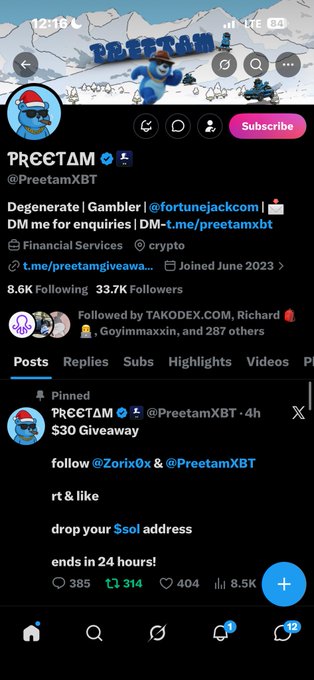 A mobile screenshot of the X profile 'PReetamXBT' (@PreetamXBT), described as a 'Degenerate | Gambler' with '33.7K Followers', promoting a '$30 Giveaway' giveaway ending in 24 hours.