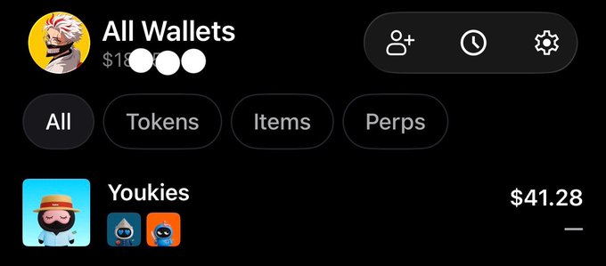 A cryptocurrency wallet interface displaying 'All Wallets' with a balance of $18,---, showing tabs for 'All', 'Tokens', 'Items', and 'Perps', with a 'Youkies' NFT valued at $41.28.