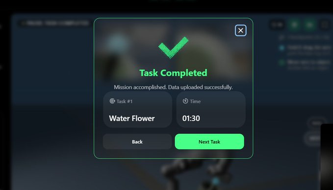 A video game or app UI showing a 'Task Completed' modal with a green checkmark, displaying 'Task #1: Water Flower' and a time of '01:30' with 'Back' and 'Next Task' buttons.