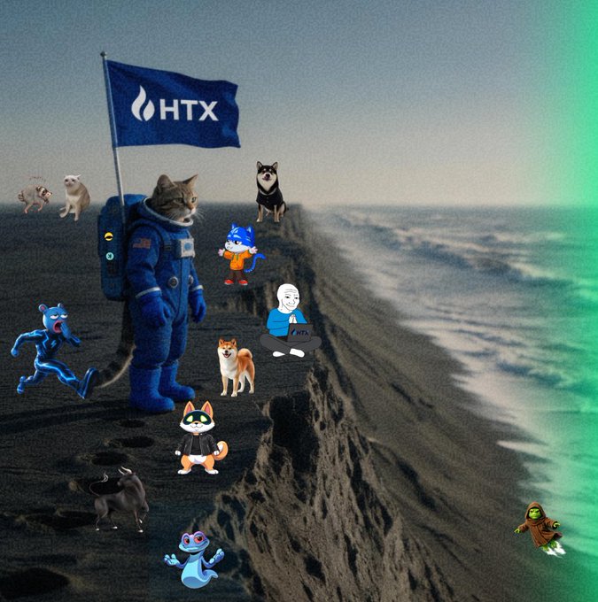A whimsical collage-style image showing a cat in a spacesuit holding an HTX flag on a cliffside, surrounded by various internet meme characters and Shiba Inu dogs.