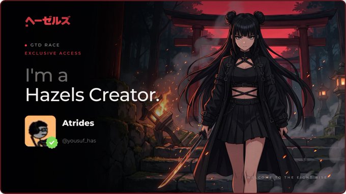 Hazels creator profile for 'Atrides' (@yousuf_has) featuring anime artwork of a girl in black attire with swords in front of a Japanese shrine.
