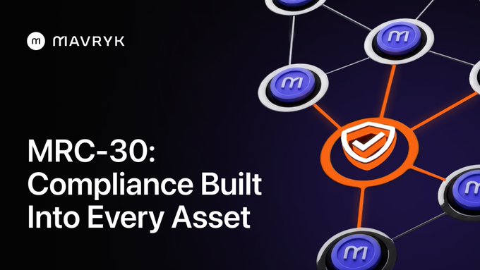 A Mavryk promotional graphic for 'MRC-30: Compliance Built Into Every Asset,' featuring interconnected nodes and a shield icon on a dark background.