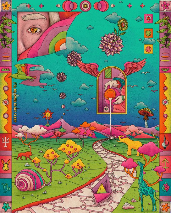 A vibrant surreal illustration with a turquoise sky, rainbow, sun, mountains, whimsical trees, animals, a winged figure, and a portrait of a one-eyed figure in the upper left.