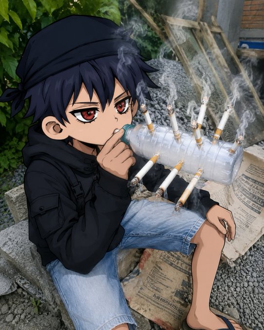 An anime-styled character with dark hair and red eyes wears a beanie and black hoodie, smoking a makeshift contraption of multiple cigarettes attached to a plastic water bottle, with smoke billowing around them.

The image humorously illustrates the post's theme of financial ruin, depicting the character "chain-smoking" cigarettes in a desperate, makeshift manner—mirroring how the poster's "quick money" scheme on Polymarket went up in smoke, leaving them with nothing.