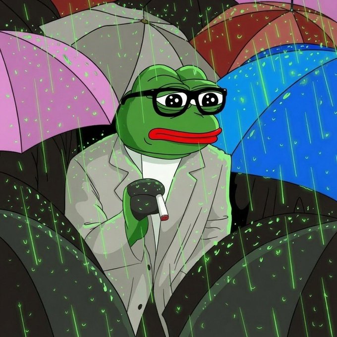 An illustrated sad Pepe the Frog wearing glasses and a trench coat holds a cigarette in the rain among colorful umbrellas.