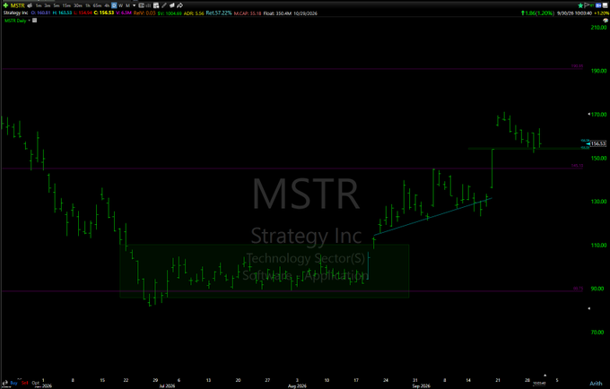 Stock chart for ticker MSTR (Strategy Inc, Technology Sector, Software Application) showing price levels around $134.33 with green and red candlesticks.
