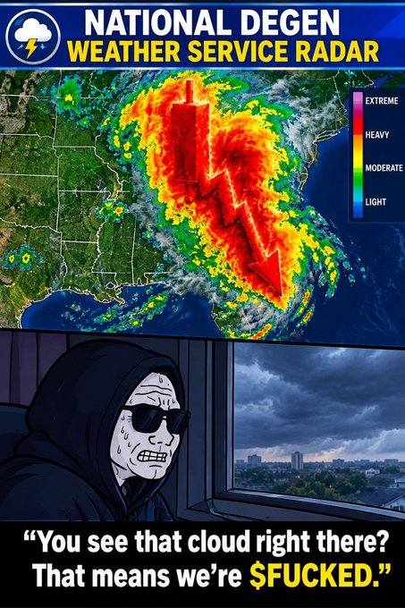 A weather radar map labeled 'NATIONAL DEGEN WEATHER SERVICE RADAR' showing severe storms over the southeastern US, paired with a Wojak meme saying '"You see that cloud right there? That means we're $FUCKED."' while watching dark clouds.