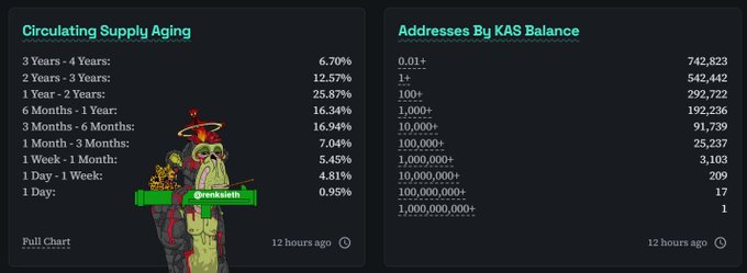 The image shows a table that displays information about a wallet called "Kaspa" along with some statistics. The table contains various data points such as the number of addresses for different time periods (1 year, 2 years, 3-4 years) and the total amount of money held by Kaspa in those accounts. It also shows how many addresses each account has, ranging from 0 to 542k+ with a total of 742k+ addresses. The post is titled "Adding Supply Aging" and provides information about the wallet's age and the number of addresses it currently holds.