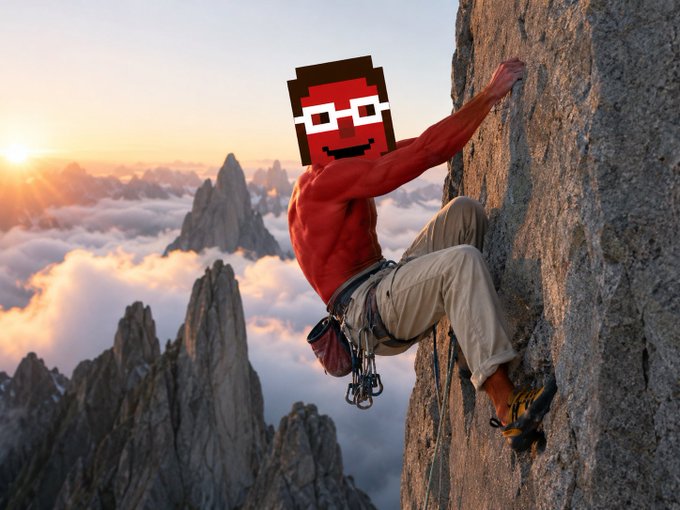An AI-generated meme image depicting a shirtless, muscular red-skinned man rock climbing a cliff at sunset above the clouds, with a pixel-art red character face (resembling a crypto/NFT mascot with white-rimmed glasses) photoshopped over his head.