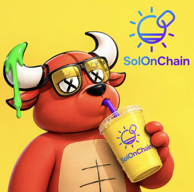 A 3D-rendered red cartoon bull character wearing sunglasses with crown reflections, sipping from a yellow cup, with green slime dripping from its horn; the text 'SolOnChain' appears alongside a sun logo in the upper right and on the cup.