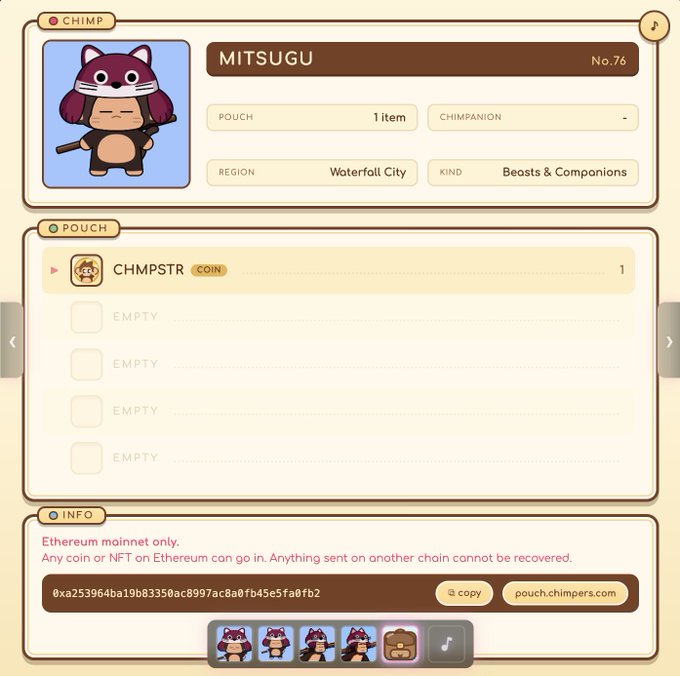 A digital character profile page shows a raccoon-like creature named 'MITSUGU' from the game 'CHIMP', with an Ethereum wallet address visible at the bottom.
