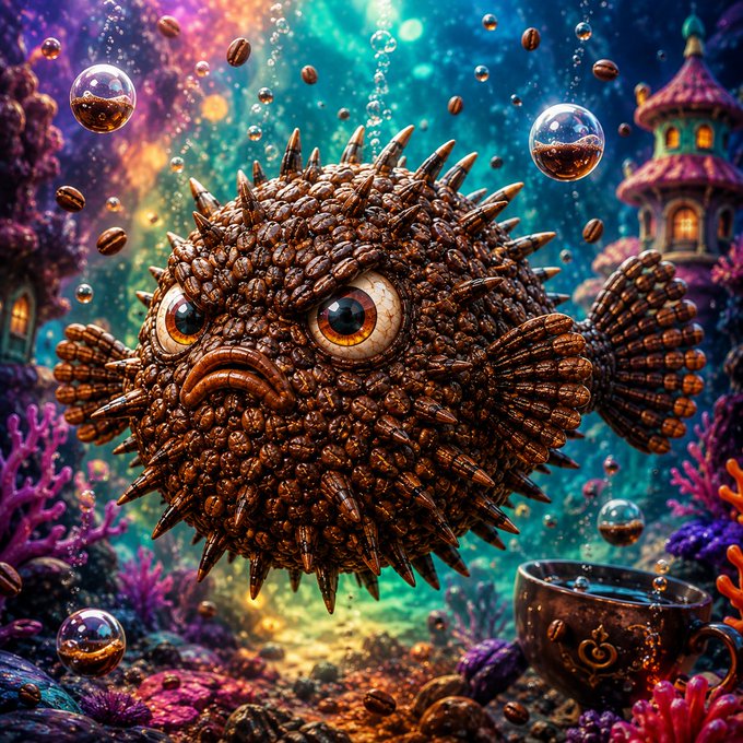 A duplicate of the previous image, showing the coffee bean pufferfish in the colorful underwater setting with a coffee cup and coral.