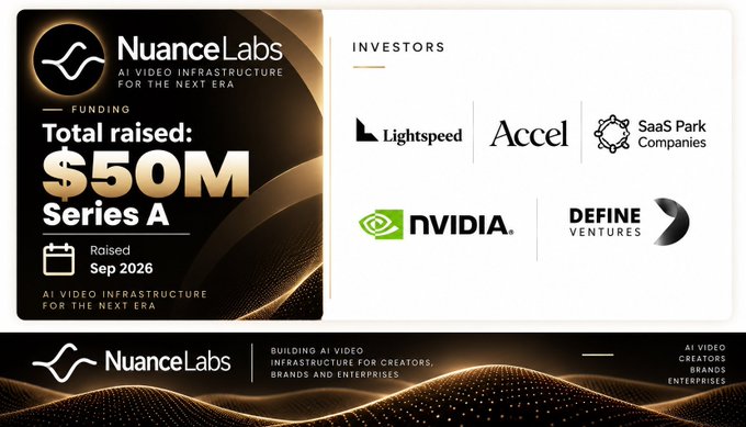 NuanceLabs funding announcement graphic showing $50M Series A raised in September 2026, with investors including Lightspeed, Accel, SaaS Park Companies, NVIDIA, and Define Ventures.