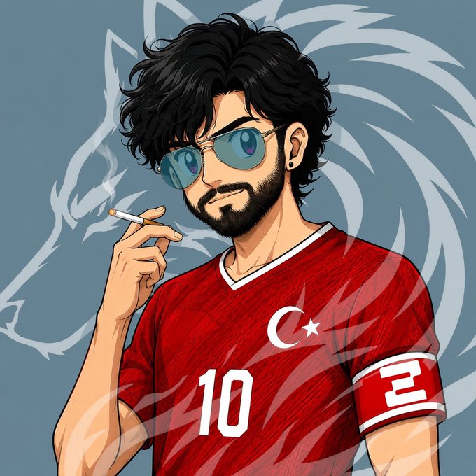 An anime-style illustration of a bearded man with sunglasses smoking a cigarette, wearing a red Turkish-style jersey with the number 10 and a crescent-star emblem.