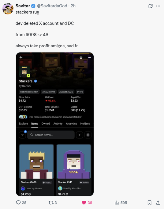 A tweet by @SavitardaGod reports that the "Stackers" NFT collection rugged, with the developer deleting their X account and Discord, after the floor price crashed from $600 to $4, showing an 95.6% drop on the 2,622-item collection. The embedded screenshot displays the OpenSea page for "Stackers," showing a 1D floor price drop, 733 holders, and individual Stacker NFT listings priced at $4.72, illustrating the post's warning about NFT projects behaving like memecoins where developers hype a collection and disappear.