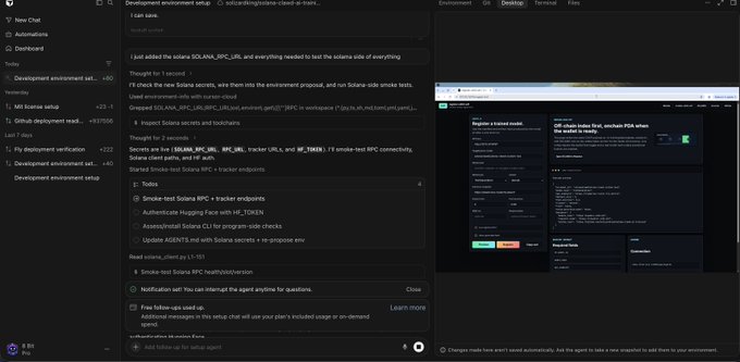 A screenshot of an AI development environment setup interface for testing a Solana RPC URL, showing various automated tasks like smoke tests and Hugging Face authentication, alongside an embedded browser window.