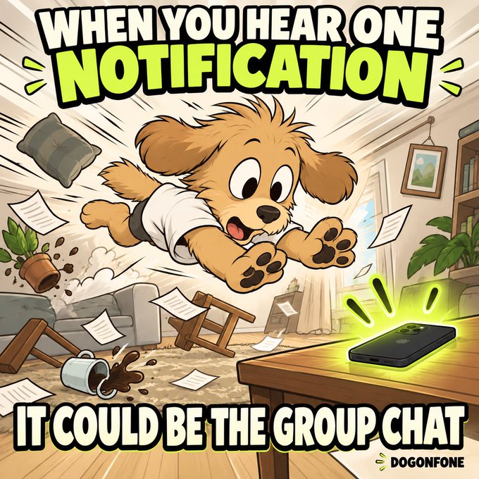 A meme featuring a cartoon puppy flying through the air toward a glowing phone with the text 'WHEN YOU HEAR ONE NOTIFICATION IT COULD BE THE GROUP CHAT' by DOGONFONE.