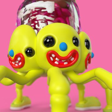 The image features a yellow toy with three legs, two arms, and a head that appears to be smiling or laughing. It has red lips and teeth, giving it a playful and friendly appearance. The toy is positioned against a pink background, which contrasts nicely with its bright color. There are no other objects in the image besides the yellow toy, making it the main focus of attention.