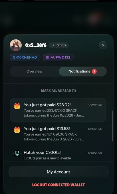 In this post, the main focus is on Wolfswap's cryptocurrency trading app called "Wolfswap". The image shows a screenshot of the app that includes a list of transactions related to cryptocurrency payments and rewards, along with a notification for an upcoming payment. A message from Wolfswap connects the two aspects, stating that they are going to pay you $PACK this week (specifically, Augment). Additionally, Wolfswap's user account has been recently notified about their transaction being accepted by Discord. The app is designed to provide users with notifications and rewards when they successfully complete transactions or mining tasks on the cryptocurrency network.