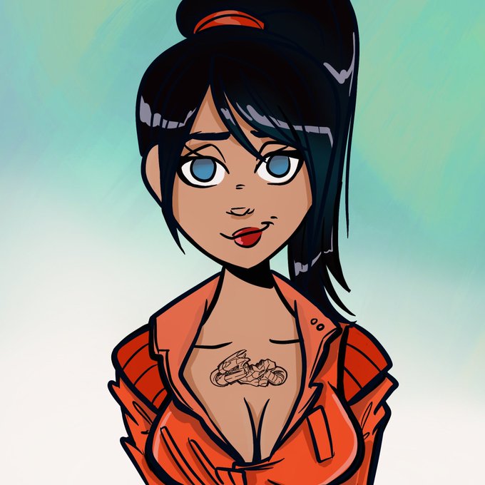 A digital cartoon-style illustration of a young woman with black hair in a high ponytail, blue eyes, and a chest tattoo, wearing an open orange jacket.