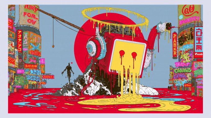 A surreal, graffiti-covered digital artwork depicts a giant robot-like TV-headed figure with a yellow halo and dripping red "blood," clutching a limp body beside pools of red and yellow paint, set against a backdrop of Tokyo-style neon signage reading "LOOT," "DONUT," and "CHANEL." The chaotic, dystopian scene visually echoes the post's title, "The City Uploaded Its Heart," portraying a world where urban culture and emotion have merged into a glitching, bleeding technological nightmare.