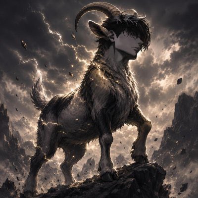A dark fantasy illustration of a goat-like humanoid creature with horns, dark fur, and a human face, standing on rocks against a stormy sky.
