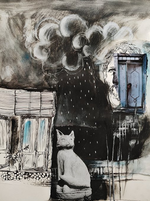 A dark, moody mixed-media illustration featuring a cat sitting below stormy clouds with rain, beside a rustic wooden house and a figure with a door-like face.