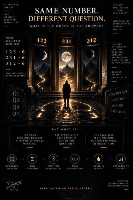 An infographic titled 'SAME NUMBER. DIFFERENT QUESTION.' explores how sequences like 123, 231, and 312 share the same digits but yield different sums, with text about quarterly theory and trading perspectives.