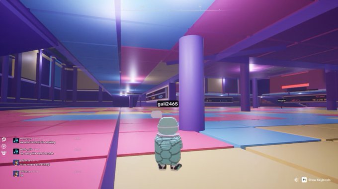 A third-person view of a character labeled 'galiz2466' in a colorful, brightly lit virtual arena with pink, yellow, and blue flooring.