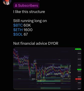 A subscriber comment confirms holding long positions on $BTC (60K), $ETH (1600), and $SOL (67), noting "I like this structure" alongside a candlestick chart showing price action, while the post celebrates Solana's breakout at $77.