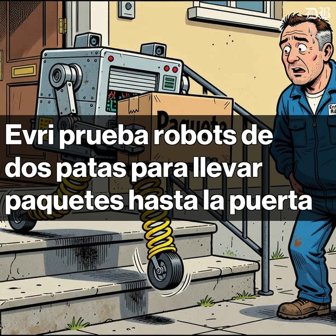 A cartoon-style news graphic with the Spanish headline 'Evri prueba robots de dos patas para llevar paquetes hasta la puerta' showing a two-legged delivery robot on spring-loaded legs carrying a 'Parcels' box up steps while a worker watches in surprise.