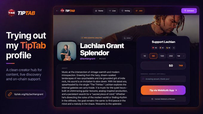 The image shows a screenshot of a website called TipTab that allows users to create profiles for themselves or their artwork, with features such as music and content creation tools. The post appears to be discussing trying out the TipTab profile feature on social media platforms like Twitter or Instagram. There is also information about creating hub accounts in the form of a text box below the image, providing details on how to set up an account for artists seeking support from followers.