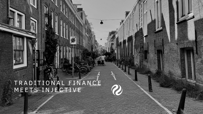 A black-and-white photo of a narrow, cobbled European street lined with buildings and parked bicycles features the text 'TRADITIONAL FINANCE MEETS INJECTIVE' alongside a logo.