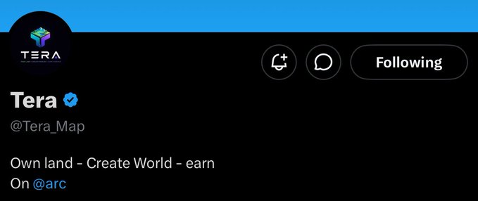 A screenshot of Tera's (@Tera_Map) Twitter/X profile, showing their display name with a blue verified checkmark, bio reading "Own land - Create World - earn On @arc," and a "Following" button indicating the account is already being followed. This aligns with the post promoting their 3,333 supply free mint on the @arc platform, highlighting the project's land-based world-building concept.