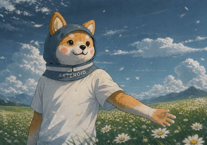 An anime-style Shiba Inu wearing a hood labeled "ASTEROID" stands in a daisy field under a cloudy sky, extending its paw toward the viewer—mirroring the post's message of optimistic, early-stage conviction in the $ASTEROID token.