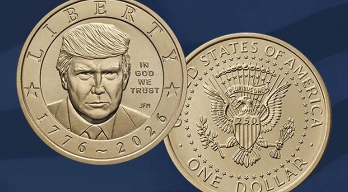 A gold-colored novelty coin displayed on a dark blue background, showing Donald Trump's profile with 'LIBERTY,' 'IN GOD WE TRUST,' and '1776~2026' on the front, and a standard eagle design with 'STATES OF AMERICA' and 'ONE DOLLAR' on the reverse.