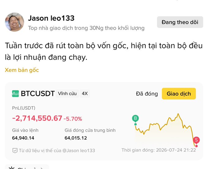 A Binance-style trading screenshot from user "Jason leo133," described as a top trader by volume in the last 30 days, showing a text comment in Vietnamese about withdrawing principal last week and now only riding profits, along with a BTCUSDT perpetual 4X long position showing a PnL of -2,714,550.67 USDT (-5.70%).
