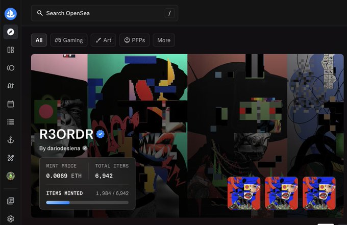 The image shows a computer screen displaying a website called "SearchOpenBox" with a search bar at the top of the screen, likely searching for "R3ORDR" or something similar. The website has an art gallery section where various pieces are displayed, and there is also a gaming section featuring different games. The post on social media highlights that the image was taken by @opensea and mentions that the post is about running the site all over again.